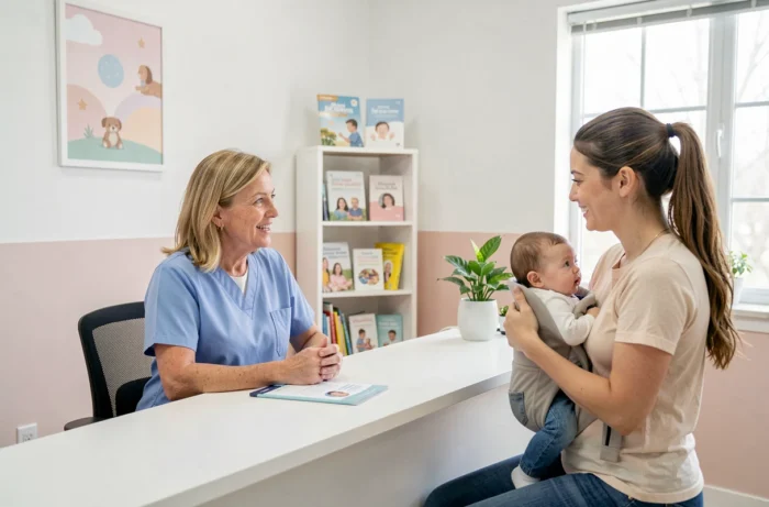 Infirmière en pédiatrie accueillant des parents avec un nourrisson dans un centre de conseil Pause Bébé