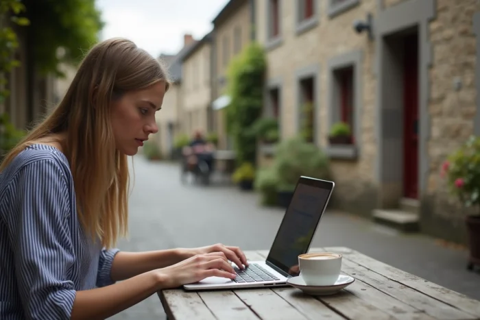 Jeune femme achetant son billet pour les Vieilles Charrues en ligne depuis un café en Bretagne