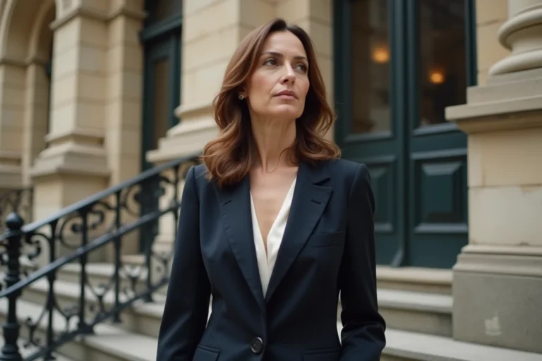 Portrait élégant d'une actrice française emblématique devant une façade parisienne en pierre, style éditorial