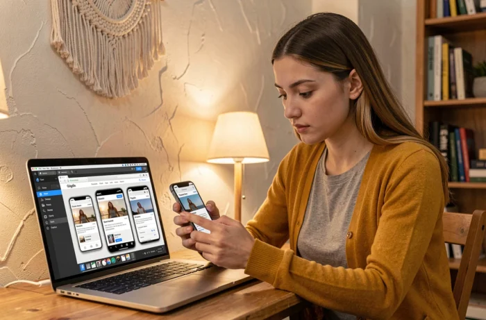 Une jeune femme comparant l'affichage mobile et desktop d'un site web sur smartphone et ordinateur portable