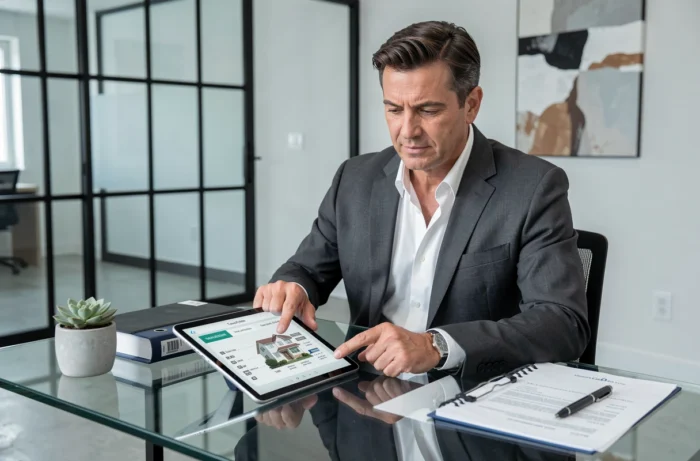 Agent immobilier présentant une estimation de bien sur tablette lors d'une réunion dans un bureau de notaire