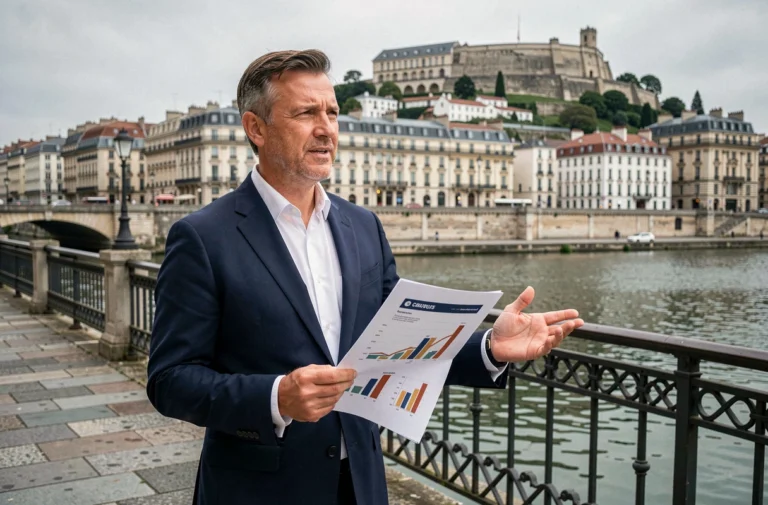 Agent immobilier analysant les tendances des prix immobiliers à Lyon avec vue sur les quais de Saône et la colline de Fourvière