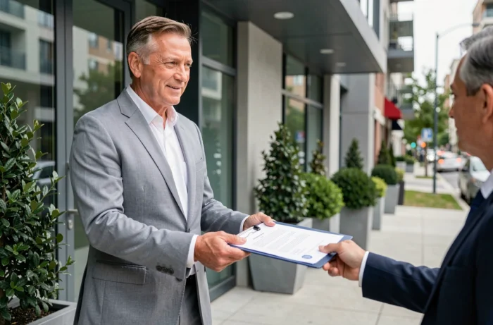 Agent immobilier remettant le dossier de pré-état daté à un acheteur devant un immeuble résidentiel moderne