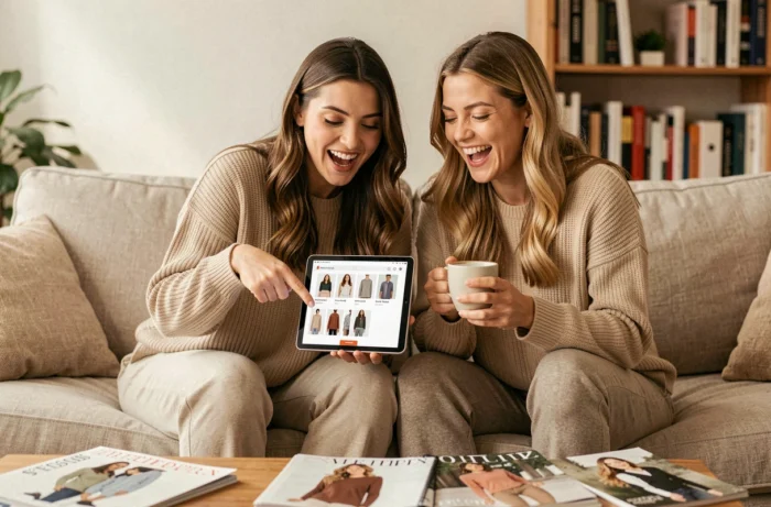 Deux amies découvrant ensemble des boutiques de mode tendance sur une tablette dans un salon chaleureux