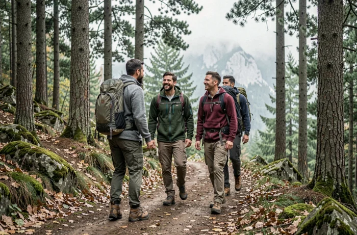 Groupe d'amis adultes en randonnée sur un sentier forestier entouré de pins et de brume matinale