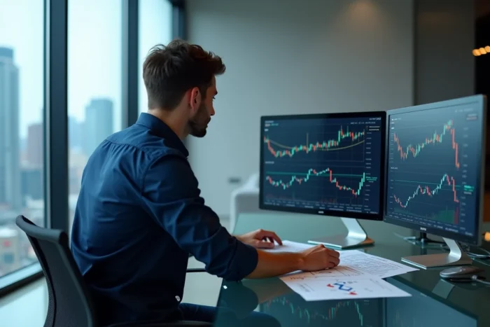 Analyste financier comparant les graphiques de cours de Ripple XRP et Bitcoin dans un bureau fintech moderne