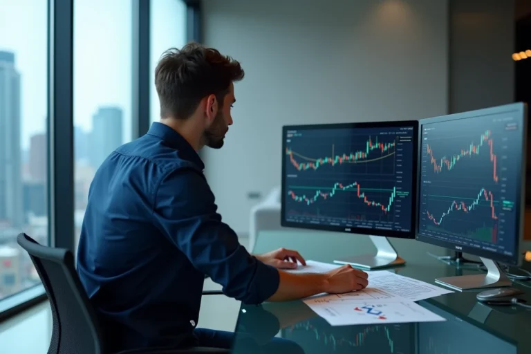 Analyste financier comparant les graphiques de cours de Ripple XRP et Bitcoin dans un bureau fintech moderne