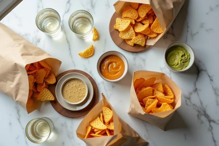 Plateau apéritif sain avec chips de pois chiches, crackers de quinoa et légumineuses sur marbre blanc