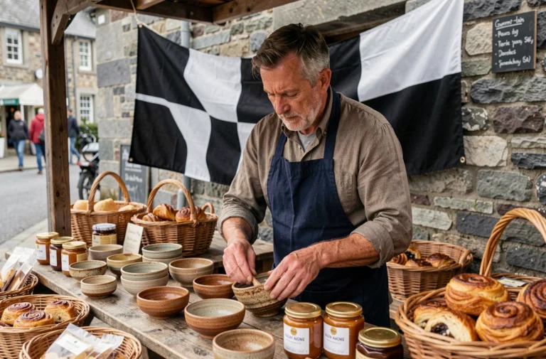 Artisan breton présentant ses produits locaux sur un marché traditionnel avec le drapeau breton en arrière-plan
