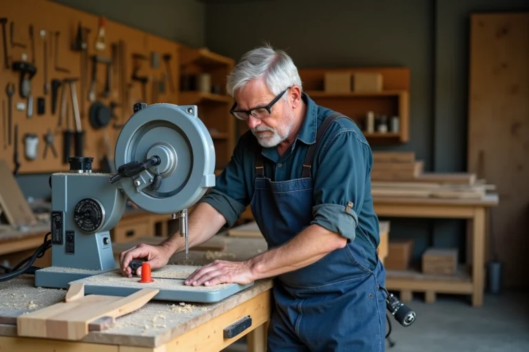 Artisan ajustant l'angle de lame d'une scie radiale professionnelle dans un atelier de bricolage bien organisé