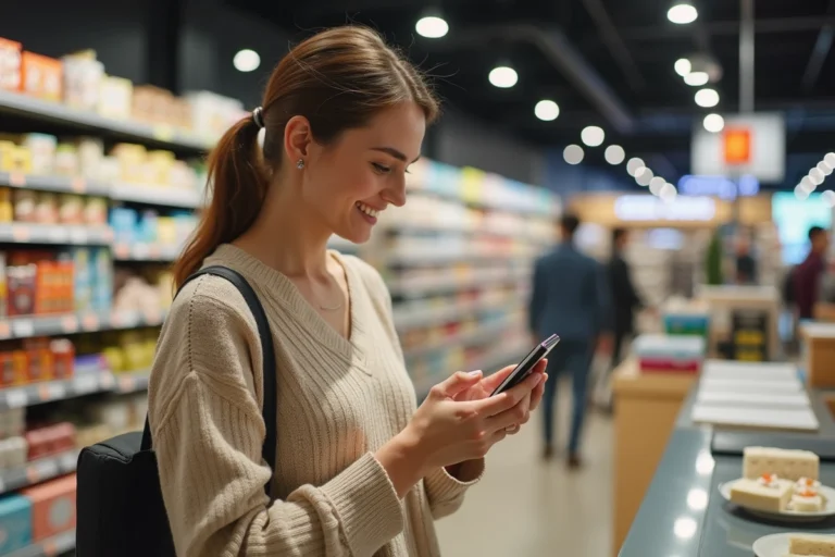 Femme donnant son avis sur BKVousEcoute via smartphone en magasin