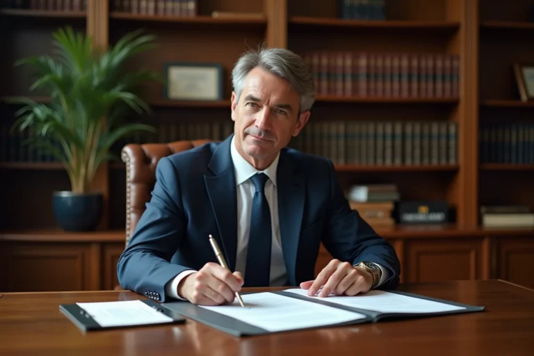 Avocat en costume marine examinant un contrat juridique annoté sur un bureau en chêne dans un cabinet professionnel