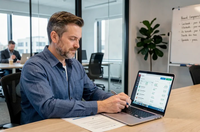 Un consultant en marketing digital analysant des backlinks provenant de sites thématiquement proches sur son ordinateur