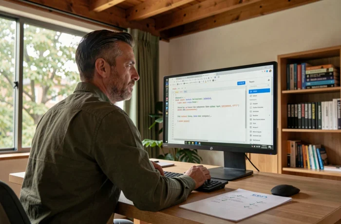 Un rédacteur SEO rédigeant des balises title et meta description uniques dans un éditeur de texte sur son écran