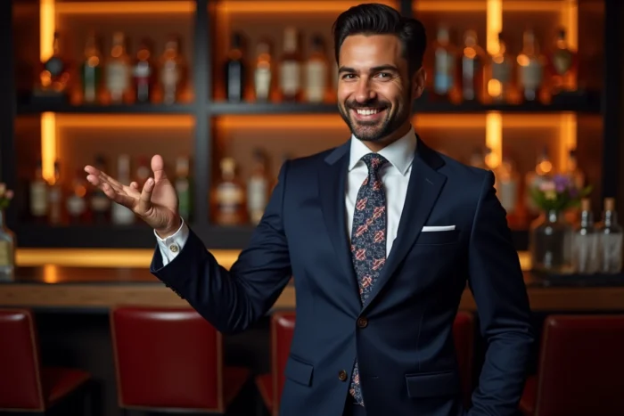 Homme élégant en costume bleu marine dans un bar chic, incarnant le charismatique Barney Stinson
