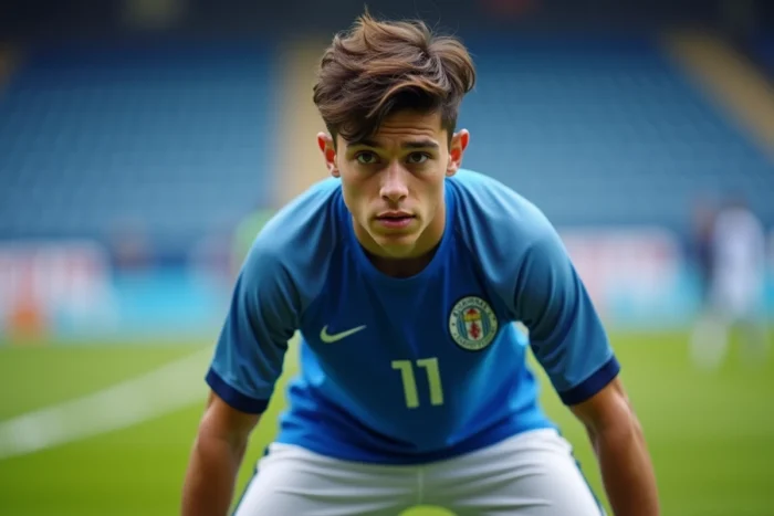 Jeune footballeur en maillot bleu et blanc numéro 11 en posture d'attaque sur un terrain d'entraînement, incarnant Barou Shoei