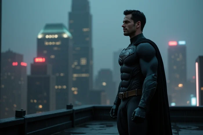 Homme en costume noir tactique sur un toit nocturne face à une skyline urbaine, évoquant Bruce Wayne et Batman