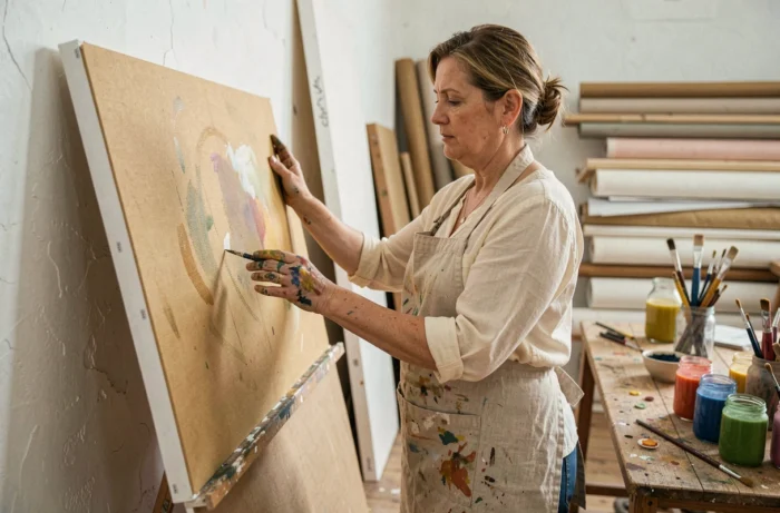 Artiste peintre Béatrice Vonderweidt examinant une toile dans son atelier parisien aux murs blanchis, tablier taché de pigments