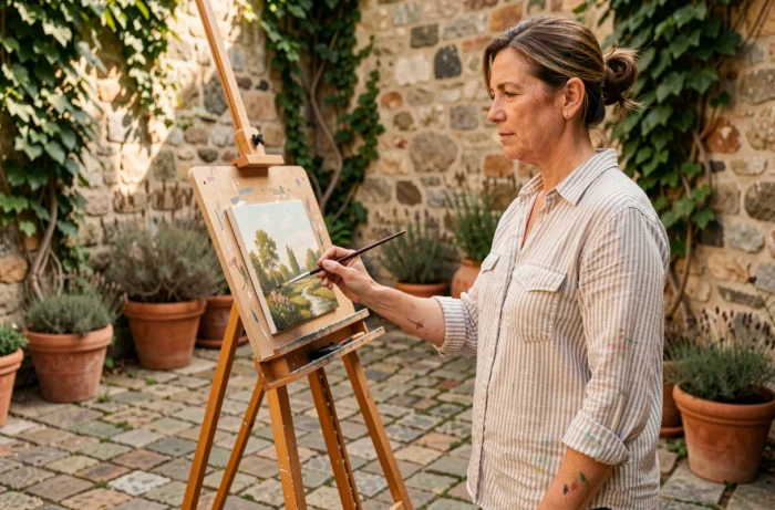 Artiste travaillant à la peinture à l'huile sur un chevalet en bois dans une cour pavée aux murs de pierre couverts de lierre