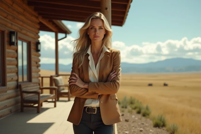 Femme blonde en blazer camel sur le porche d'un ranch du Montana avec une prairie à perte de vue, incarnant Beth Dutton de Yellowstone