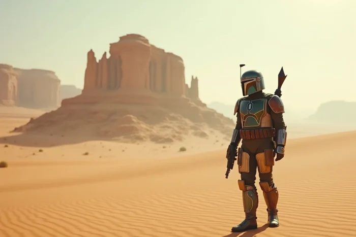 Personnage en armure mandalorien vert et argent vieilli debout dans un désert de grès, évoquant Boba Fett