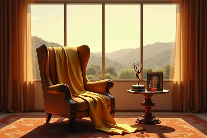 Fauteuil vintage avec veste de soirée et accessoires Hollywood symbolisant l'univers mélancolique de Bojack Horseman
