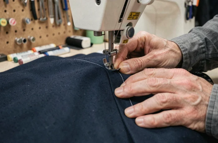 Gros plan sur une machine à coudre réalisant une boutonnière solide sur du tissu de laine bleu marine dans un atelier de couture