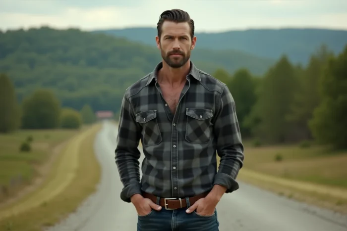 Homme brun en chemise flanelle grise sur une route de gravier rurale du Kentucky, incarnant Boyd Crowder de Justified