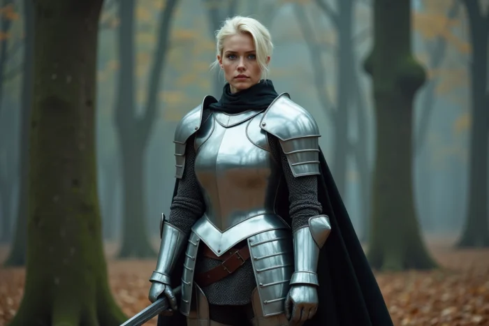 Grande femme en armure de plaque d'acier dans une forêt brumeuse, incarnant Brienne de Torth de Game of Thrones