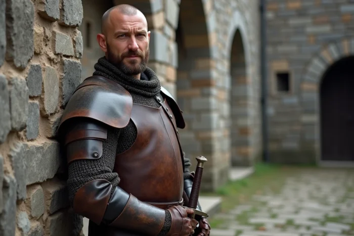 Homme barbu en armure de cuir médiévale s'appuyant contre un mur de pierre, incarnant Bronn de Game of Thrones