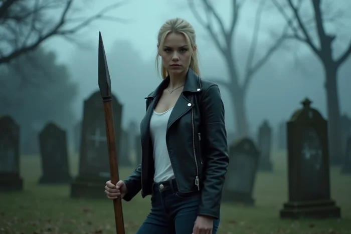 Jeune femme blonde en veste de cuir dans un cimetière brumeux incarnant Buffy Summers