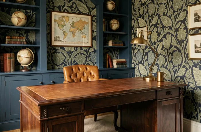 Bureau style british chic avec bureau en acajou, papier peint botanique William Morris et bibliothèque Oxford blue intégrée