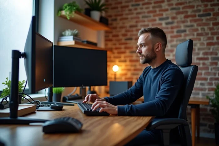 Homme évaluant l'équipement d'un bureau à domicile bien organisé dans un appartement urbain moderne