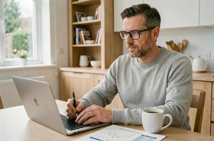 Homme calculant son projet d'investissement immobilier avec un ordinateur portable et des documents financiers à la maison