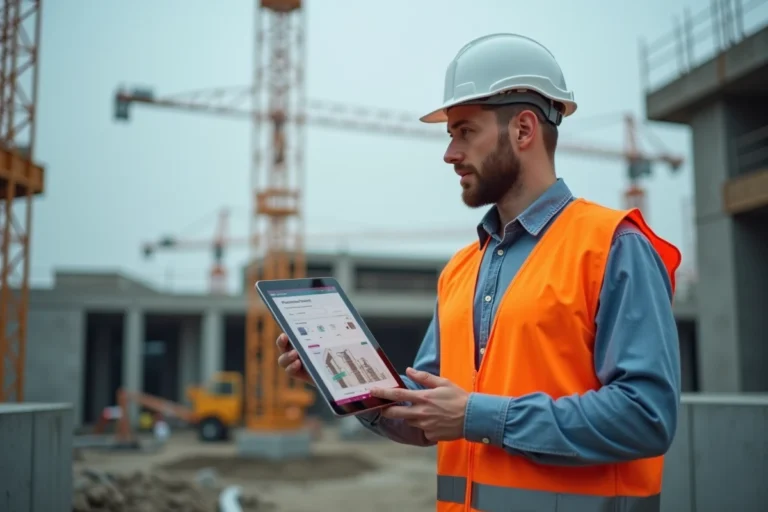 Chef de chantier consultant l'application Batiav sur une tablette sur un chantier de construction