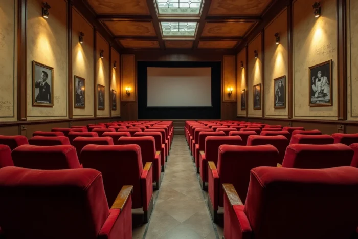 Intérieur d'un cinéma de province français avec fauteuils en velours rouge et affiches de films classiques