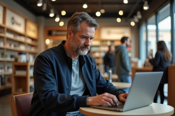 Client rédigeant un avis sur BKVousEcoute sur un ordinateur portable en magasin