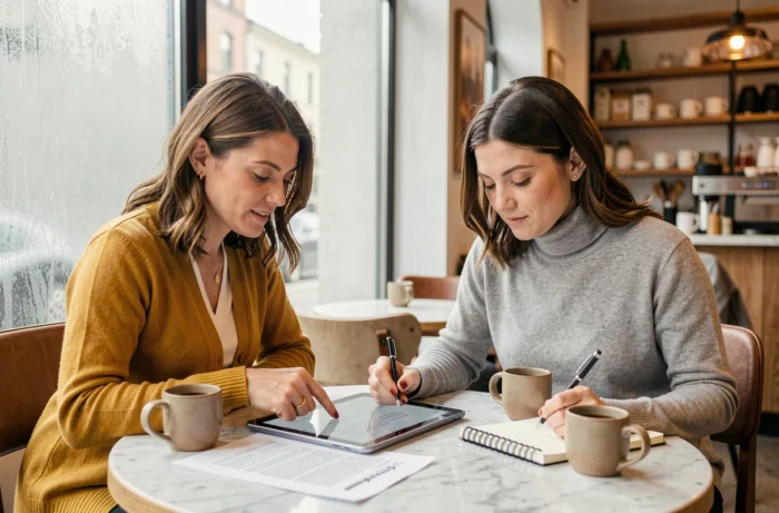 Deux entrepreneures discutant des mentions légales obligatoires pour un site de coaching en ligne autour d'un café