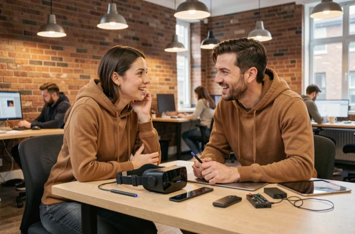 Deux jeunes professionnels collaborant autour d'un casque de réalité augmentée dans un espace de coworking, tendances technologiques 2024