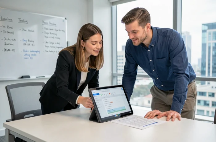 Deux collègues analysant une comparaison de traduction professionnelle sur tablette en salle de réunion
