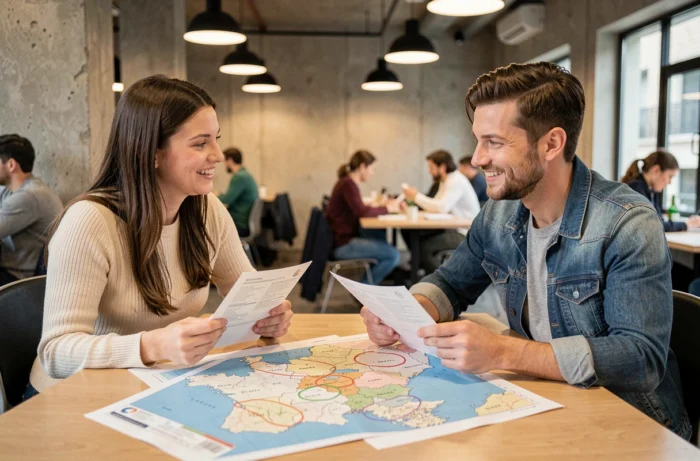 Deux collègues étudiant une carte de France et des CV pour trouver des emplois dans différentes régions