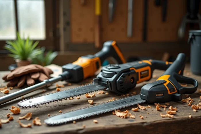 Comparaison de différents types d'élagueuses posées sur un établi en bois dans un atelier de jardin