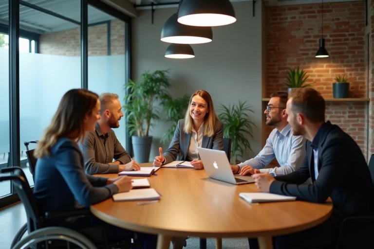 Groupe de collègues diversifiés autour d'une table de réunion inclusive dans un bureau moderne