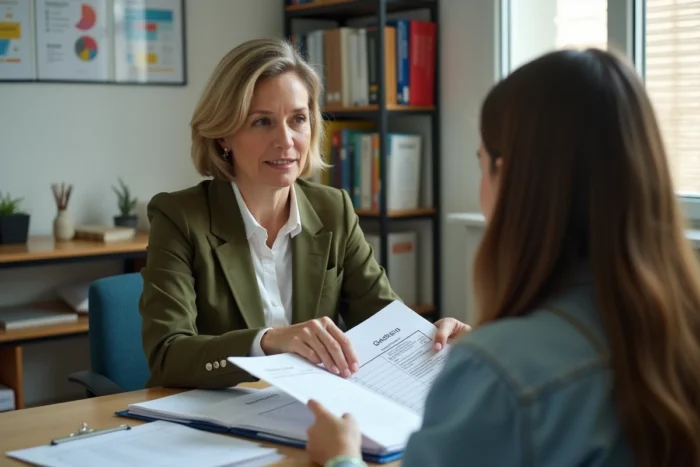 Conseillère d'orientation expliquant à une lycéenne les moyennes requises pour intégrer un bac pro commerce en France