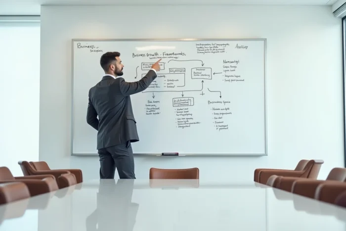 Consultant en développement d'entreprise présentant un plan de croissance stratégique sur un tableau blanc