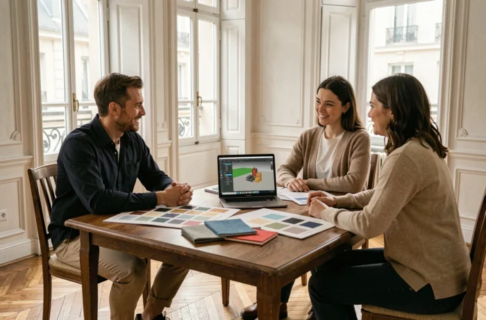Décorateur d'intérieur en consultation avec un couple autour d'un tableau d'inspiration dans un appartement haussmannien