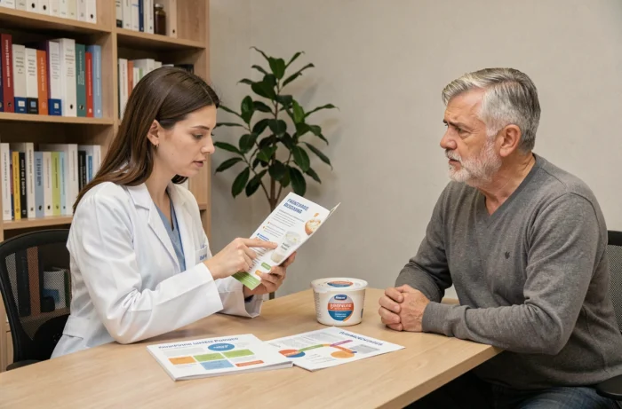 Nutritionniste expliquant les risques du fromage blanc à un patient lors d'une consultation médicale