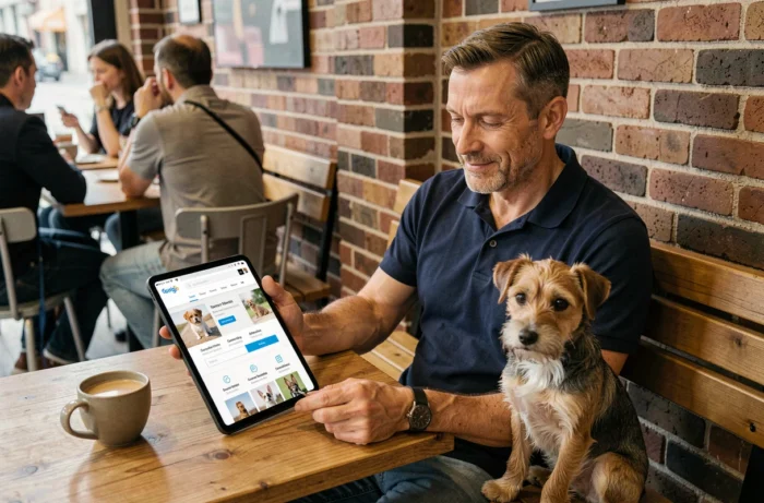Homme avec son chien consultant la structure de navigation du site Chabadog sur une tablette dans un café