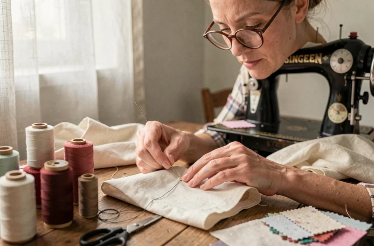 Femme cousant une boutonnière à la main sur du lin crème à une table de couture en bois avec des bobines de fil autour d'elle