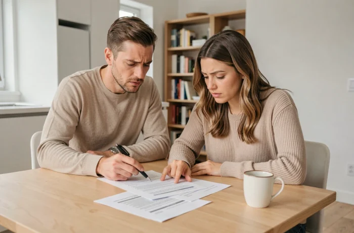 Couple d'acheteurs étudiant les documents de copropriété et le pré-état daté avant l'achat d'un appartement